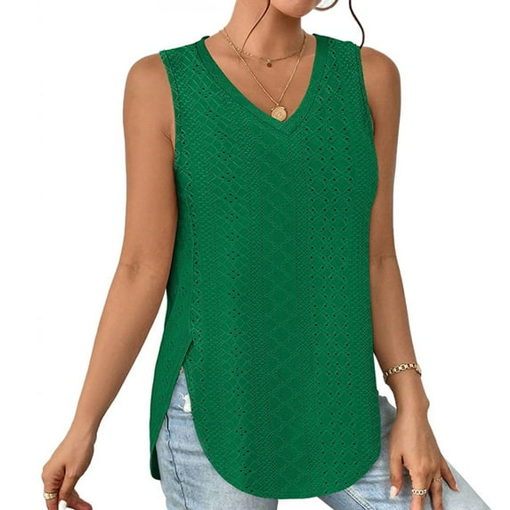 Womens Tank Tops V Neck Eyelet Embroidery Casaul Sleeveless Shirts Casual Women's Tops Solid Color Tops Women Casual Fit Top Women T Shirts Casual Shirts Women Casual Summer Womens Oversized Tee