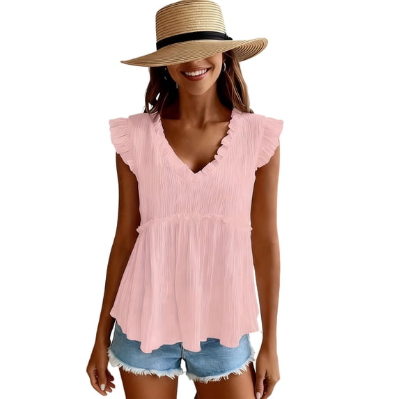 Womens Tank Tops V Neck Sleeveless Ruffle Hem Peplum Shirts Pleated Dressy Casual Blouses Pink
