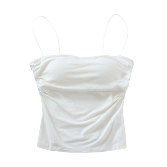 Womens Tank Tops With Built In Bra Sevevn Women's Thin Shoulder Straps Waist Length Suspender Belt Chest Pad Bottom Layer Short Top