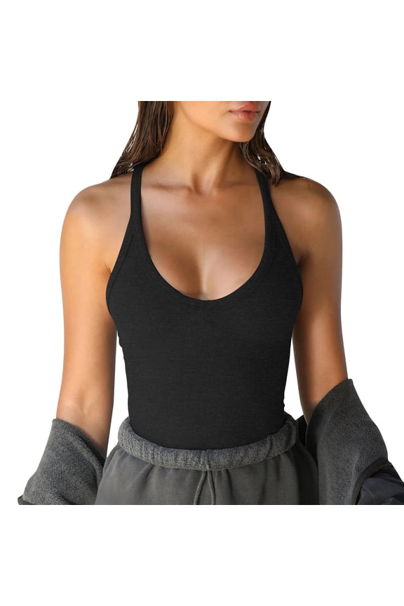 Womens Tank Tops- Women Casual Basic Sleeveless Crewneck Rib-Knit Fitted Cotton Y2k Crop Tank Top Black L