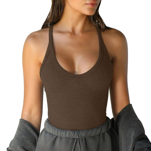 Womens Tank Tops- Women Casual Basic Sleeveless Crewneck Rib-Knit Fitted Cotton Y2k Crop Tank Top Coffee M