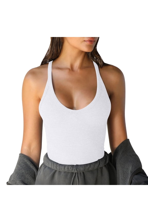 Womens Tank Tops- Women Casual Basic Sleeveless Crewneck Rib-Knit Fitted Cotton Y2k Crop Tank Top White L