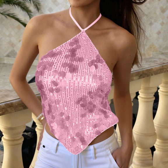 Womens Tank Tops Women Sequin Cami Tops Sleeveless Tie Back Backless Tank Camisole Sparkly Party Going out Cropped Tops S