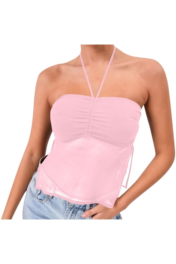 Womens Tank Tops- Women Y2K Backless Halter Neck Camisole Tie Up V Neck Cami Crop Top Sleeveless Hollow Out Cute Mini Tank Vest Clubwear