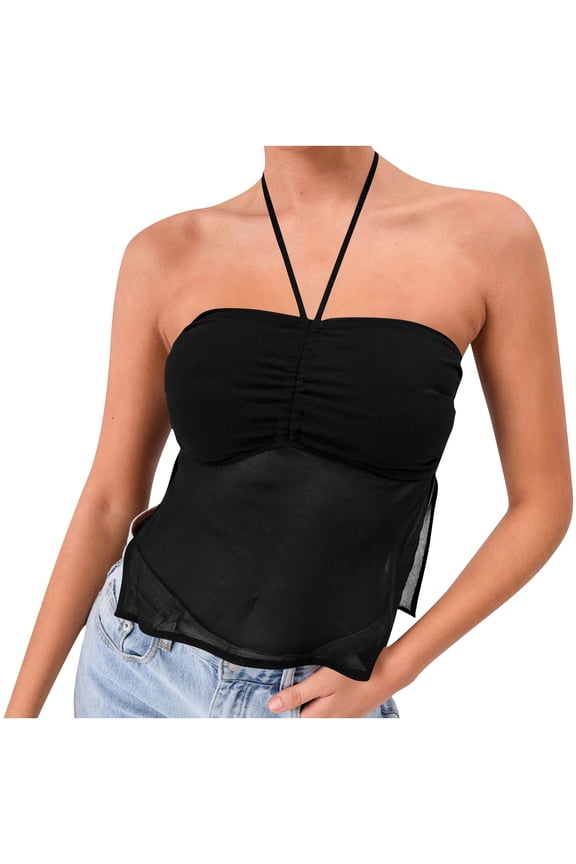 Womens Tank Tops- Women Y2K Backless Halter Neck Camisole Tie Up V Neck Cami Crop Top Sleeveless Hollow Out Cute Mini Tank Vest Clubwear