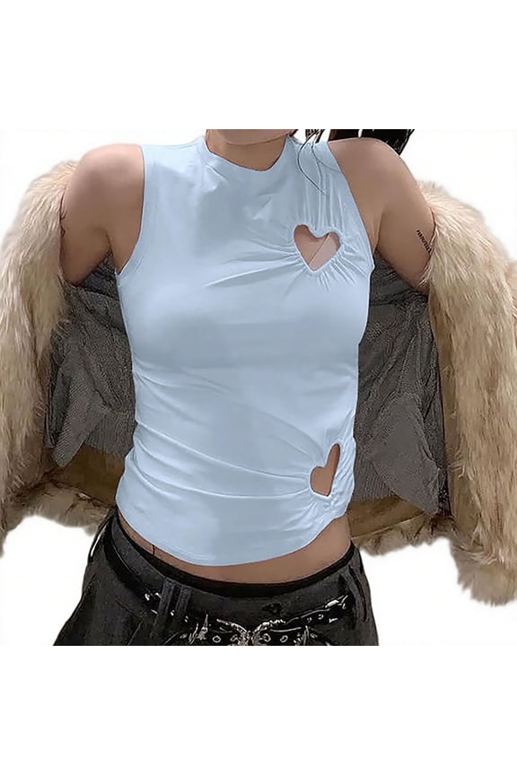 Womens Tank Tops- Women Y2K Round Neck Heart Shape Cut Out Crop Tank Top Sexy Sleeveless Ruched Asymmetrical Hem Cropped Cami Shirt Blue M