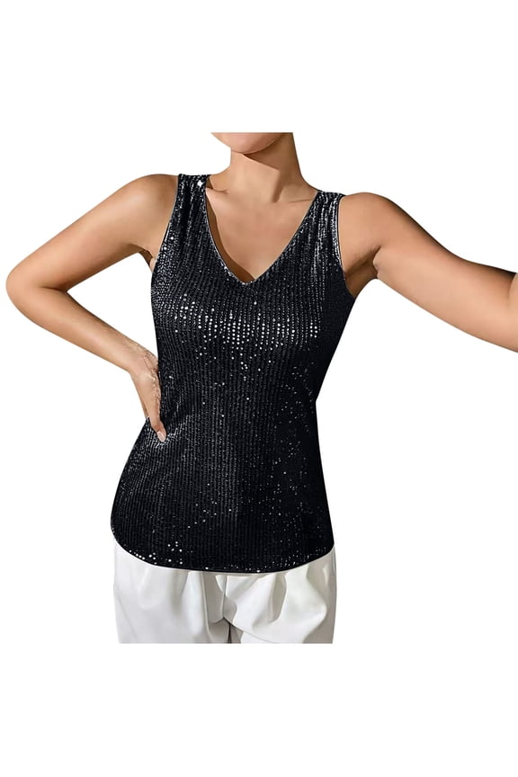 Womens Tank Tops- Women's Black Sequin V-Neck Sleeveless Tank Top, Sparkly Party Cami Top Black XXL
