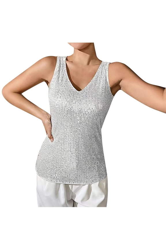 Womens Tank Tops- Women's Black Sequin V-Neck Sleeveless Tank Top, Sparkly Party Cami Top White XL