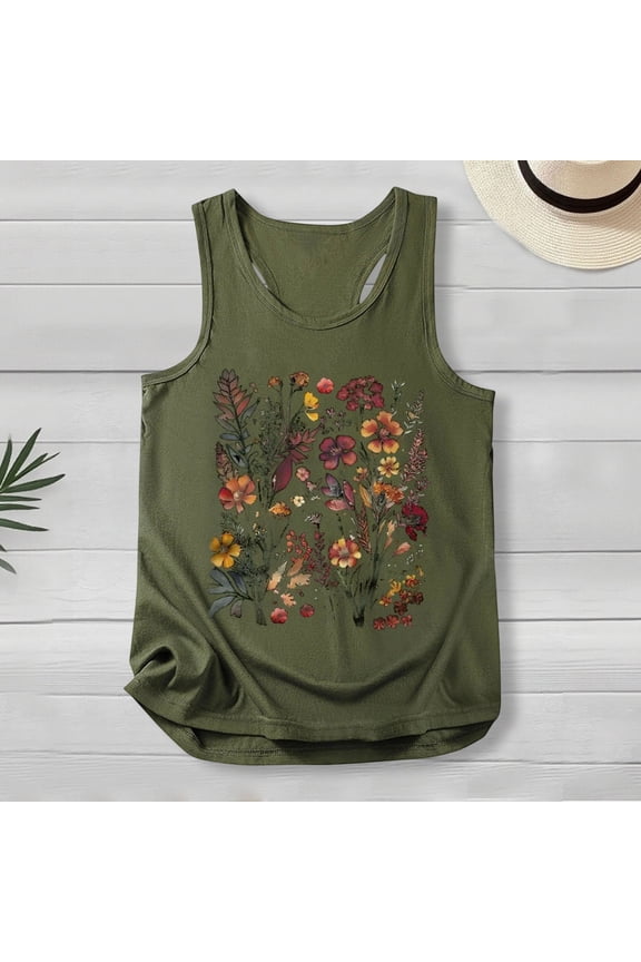 Womens Tank Tops Women's Casual Graphic Print Ribbed Strap Loose Tank Cami Tops for Women Army Green XL