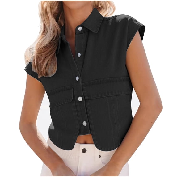 Womens Tank Tops- Women's Cropped Denim Vest Trendy Distressed Sleeveless Button Front Jean Vest Top Black S