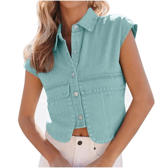 Womens Tank Tops- Women's Cropped Denim Vest Trendy Distressed Sleeveless Button Front Jean Vest Top Light Blue S