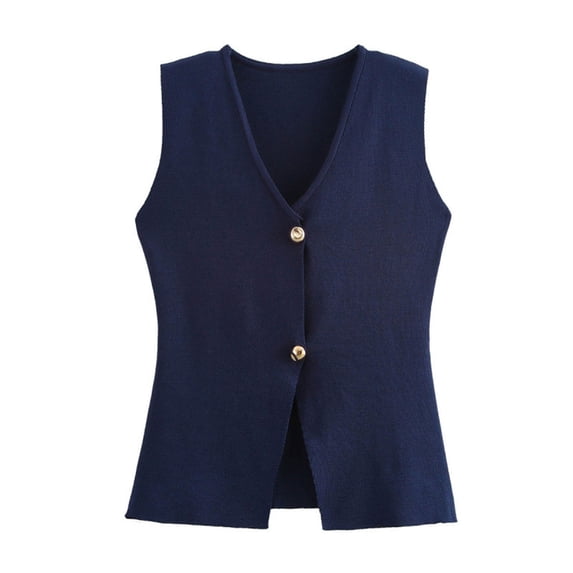 Womens Tank Tops- Women’s Cropped Knit Vest V Neck Button Up Solid Color Sleeveless Gilet Tank Tops Navy L