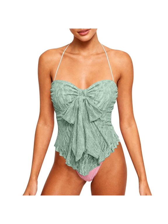 Womens Tank Tops- Women's Lace Halter Top Bow Knot Front Backless Asymmetrical Y2k Going Out Coquette Tank Green M