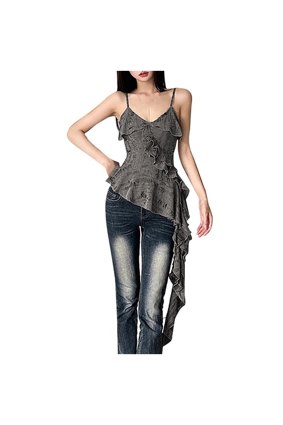 Womens Tank Tops- Women's Sexy Distressed Ruffle Asymmetric Hem Y2K E-Girl Cami Tank Top Gray M