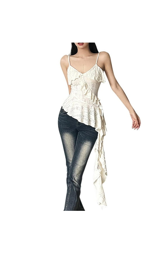 Womens Tank Tops- Women's Sexy Distressed Ruffle Asymmetric Hem Y2K E-Girl Cami Tank Top White L
