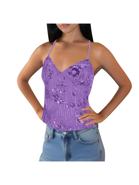 Womens Tank Tops- Women's Sexy Sequin Beaded Open Back Halter Top Y2K Stylish V Neck Camisole Crisscross Straps Back Tie Crop Tops Purple S