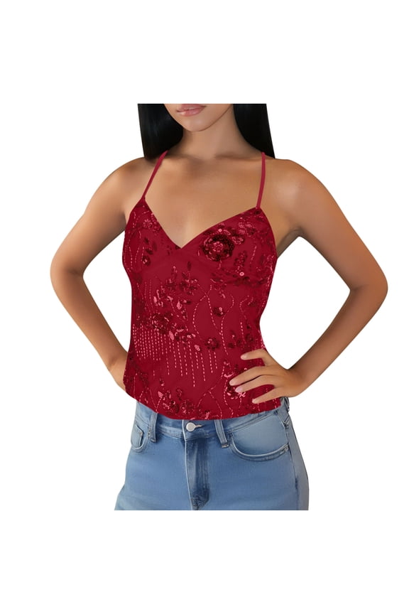 Womens Tank Tops- Women's Sexy Sequin Beaded Open Back Halter Top Y2K Stylish V Neck Camisole Crisscross Straps Back Tie Crop Tops Red M
