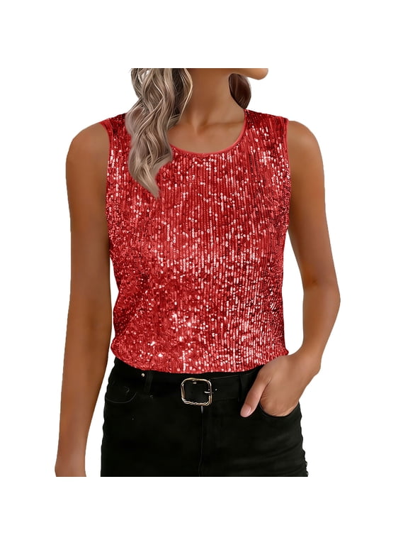 Womens Tank Tops- Women's Sparkly Sequin Sleeveless Tank Top Camisole Round Neck Rave Tank Vest Party Shirt Clubwear Red M
