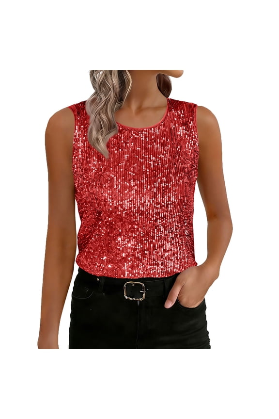 Womens Tank Tops- Women's Sparkly Sequin Sleeveless Tank Top Camisole Round Neck Rave Tank Vest Party Shirt Clubwear Red M