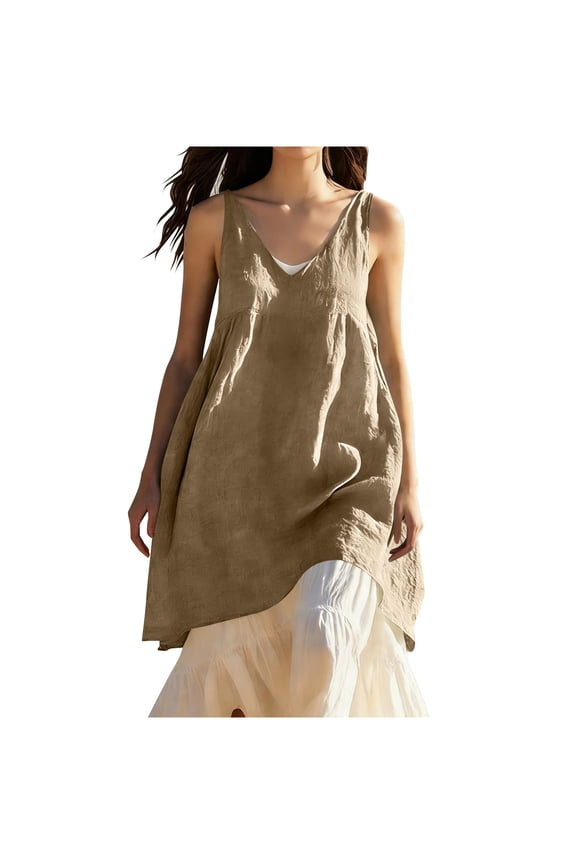 Womens Tank Tops- Women's Summer Sleeveless Mini Dress V Neck Linen Cami Loose Swing Flowy Sundress Casual Beach Coverup Vacation Dress Khaki XXXL