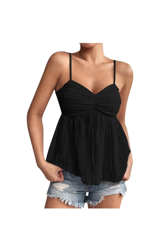 Womens Tank Tops- Women's Y2k Babydoll Tops Peplum Ruched Lace Trim Cami Cute Going Out Top Black M