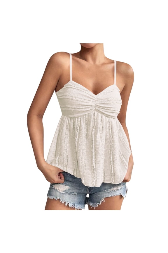 Womens Tank Tops- Women's Y2k Babydoll Tops Peplum Ruched Lace Trim Cami Cute Going Out Top White M
