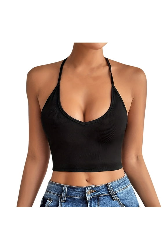 Womens Tank Tops- Womens Camisole Tank Tops V Neck Sleeveless Ribbed Knit Cross Strapy Back Crop Cami Tops Y2k Summer Slim Fit Camisole Black S
