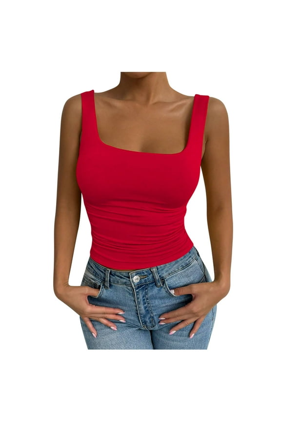 Womens Tank Tops- Womens Cotton Ribbed Square Neck Tank Tops Basic Backless Sleeveless Summer Cami Shirts 2026 Red M