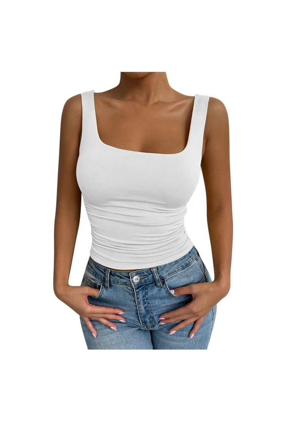 Womens Tank Tops- Womens Cotton Ribbed Square Neck Tank Tops Basic Backless Sleeveless Summer Cami Shirts 2026 White S