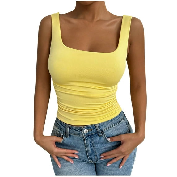 Womens Tank Tops- Womens Cotton Ribbed Square Neck Tank Tops Basic Backless Sleeveless Summer Cami Shirts 2026 Yellow L