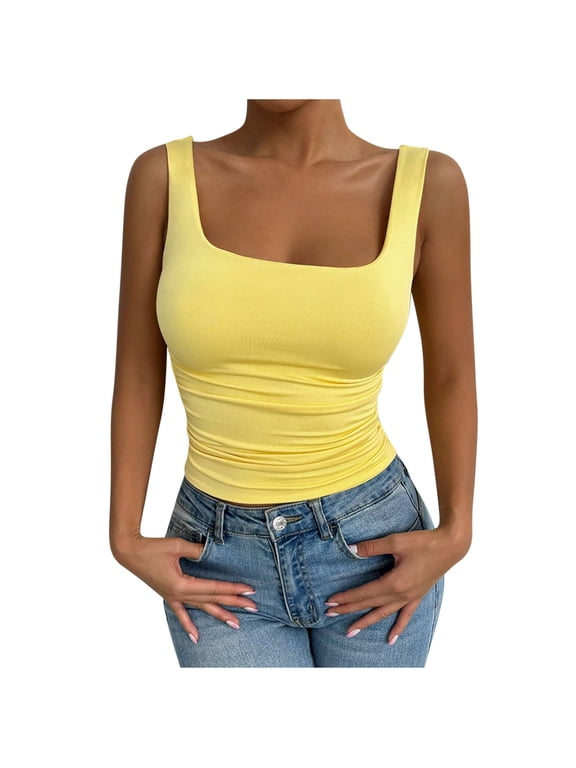 Womens Tank Tops- Womens Cotton Ribbed Square Neck Tank Tops Basic Backless Sleeveless Summer Cami Shirts 2026 Yellow M