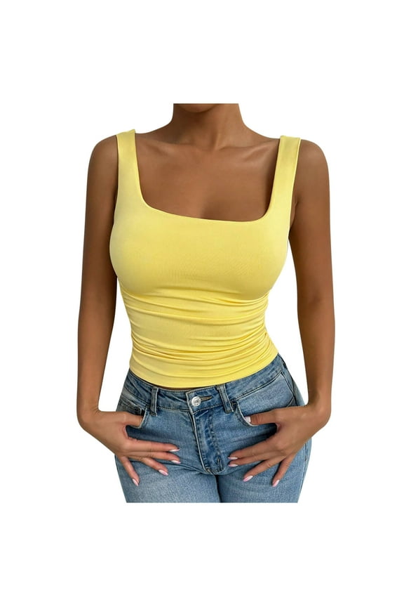 Womens Tank Tops- Womens Cotton Ribbed Square Neck Tank Tops Basic Backless Sleeveless Summer Cami Shirts 2026 Yellow S