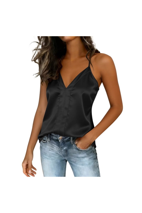 Womens Tank Tops- Womens Silk Satin Tank Tops V Neck Sleeveless Camisole Cami Spaghetti Straps Blouse Summer Loose Racerback Shirt Black XL