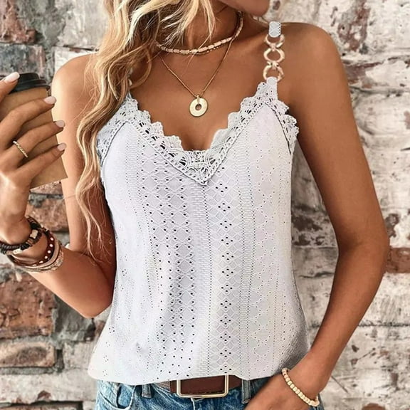 Womens Tank Tops Wycnly Going out Tops for Women Sexy Lace Trim V Neck Metal Strap Tunic Shirts Summer Lightweight Solid Sleeveless Camisole Tops Workout Tank Tops for Women