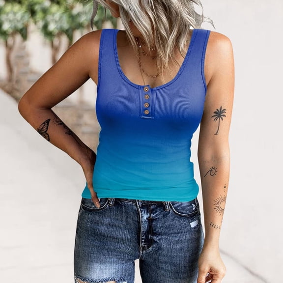 Womens Tank Tops Wycnly Womens Summer Tops 2025 Trendy Gradient Print Button up Slim Fit Sleeveless Tunic Shirts U Neck Comfy Knitted Ribbed Tank Tops Tank Top