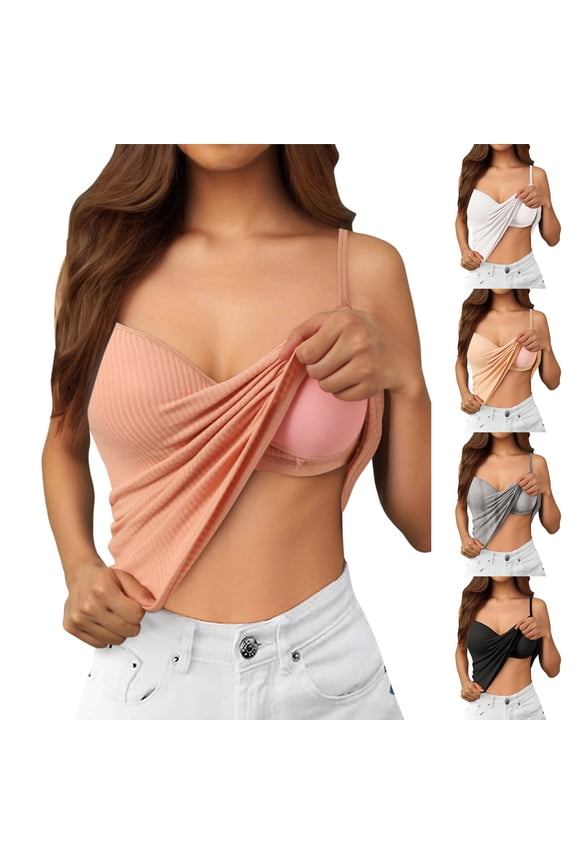 Womens Tank Tops with Built in Bra Ribbed Camisole Tops Summer Adjustable Spaghetti Strap Shelf Bras Tanks Spring Summer Clothes Beige, Size L