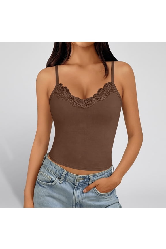 Womens Tank Tops with Built in Bra Summer Adjustable Spaghetti Straps Camisole Ribbed Cami Tanks Lace Trim Cami(Brown,XS)