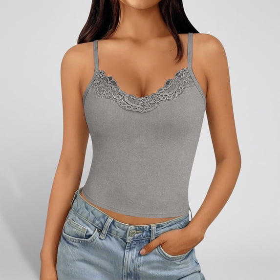 Womens Tank Tops with Built in Bra Summer Adjustable Spaghetti Straps Camisole Ribbed Cami Tanks Lace Cami(Grey,L)