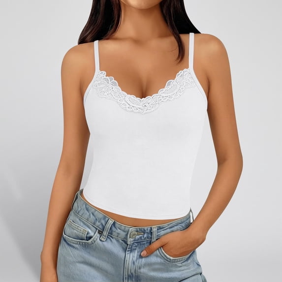 Womens Tank Tops with Built in Bra Summer Adjustable Spaghetti Straps Camisole Ribbed Cami Tanks Lace Trim Cami(White,M)