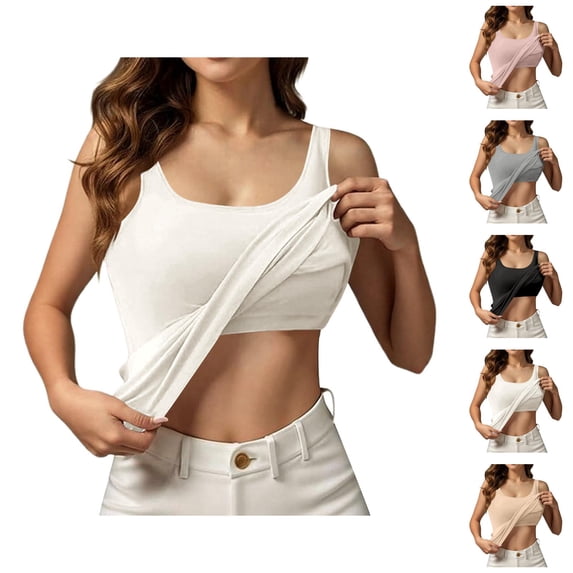 Womens Tank Tops with Built in Bras Basic Plain Scoop Neck Fitted Padded Sleeveless Shirt Camisole Tops