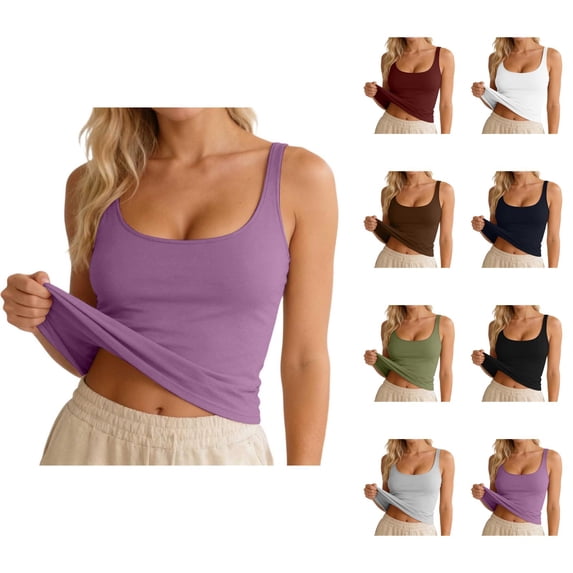 Womens Tank Tops with Built in Bras Slim Fitted Scoop Neck Plain Padded Shirt Sleeveless Summer Tops