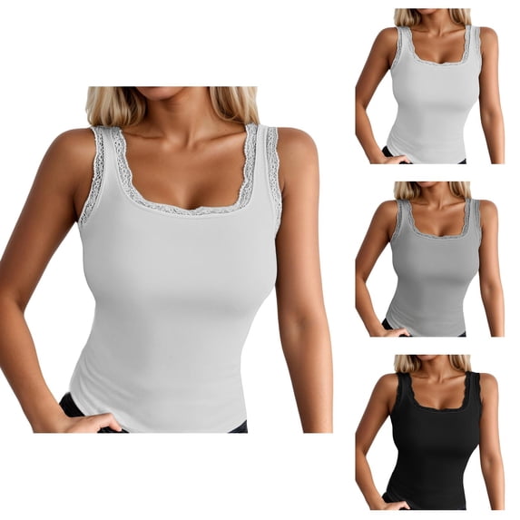 Womens Tank Tops with Built in Bras Square Neck Lace Neckline Padded Sleeveless Shirt Summer Outfits