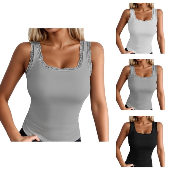 Womens Tank Tops with Built in Bras Square Neck Lace Neckline Slimming Padded Sleeveless Shirt Summer Outfits