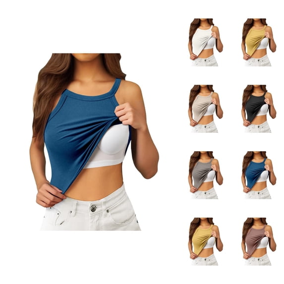 Womens Tank Tops with Built in Bras Stretchy Ribbed Halter Neck Fitted Padded Crop Camisole Tops Longline Bra