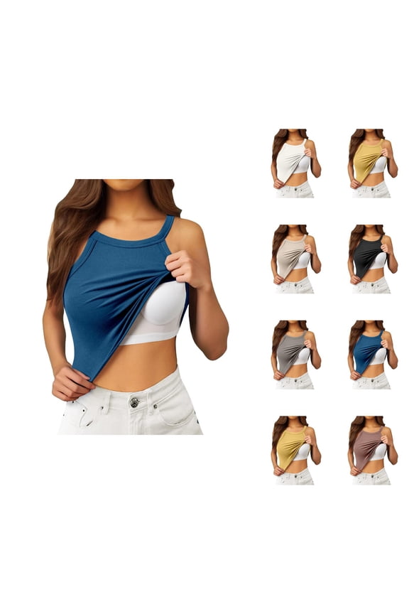 Womens Tank Tops with Built in Bras Stretchy Ribbed Halter Neck Fitted Padded Crop Camisole Tops Longline Bra