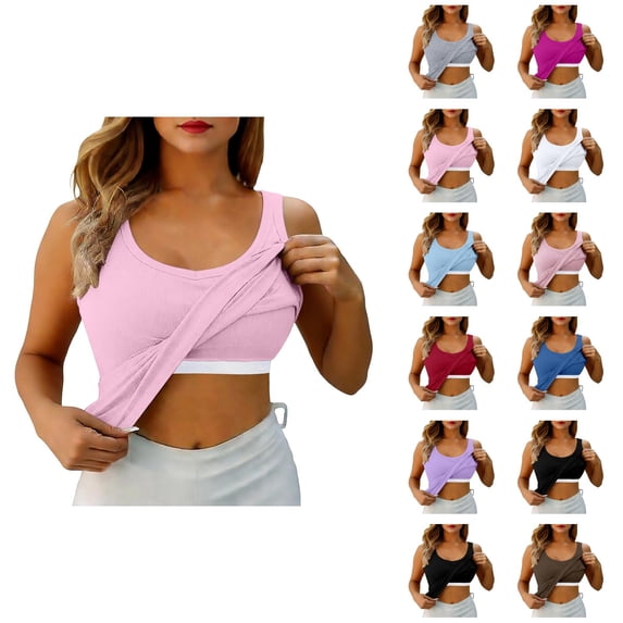 Womens Tank Tops with Built in Bras Stretchy Ribbed Scoop Neck Slim Fit Padded Sleeveless Shirt Basic Tanks