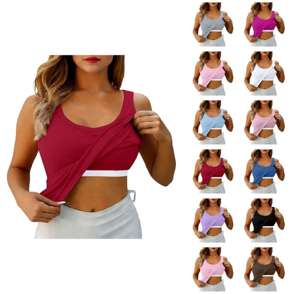 Womens Tank Tops with Built in Bras Stretchy Ribbed Scoop Neck Slim Fit Padded Sleeveless Shirt Basic Tanks