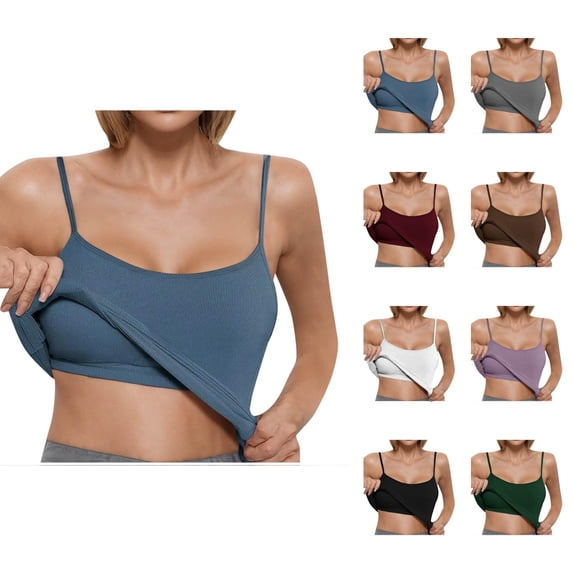 Womens Tank Tops with Built in Bras Stretchy Ribbed Spaghetti Strap Racerback Fitted Padded Camisole Tops Basic Tanks