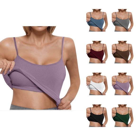 Womens Tank Tops with Built in Bras Stretchy Ribbed Spaghetti Strap Racerback Fitted Padded Camisole Tops Basic Tanks
