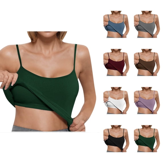Womens Tank Tops with Built in Bras Stretchy Ribbed Spaghetti Strap Racerback Fitted Padded Camisole Tops Basic Tanks